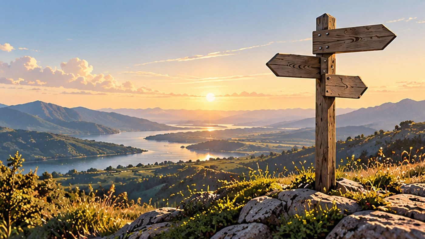 Wegweiser über einer Landschaft – Sinnbild für Mentoring in ERP-Projekten