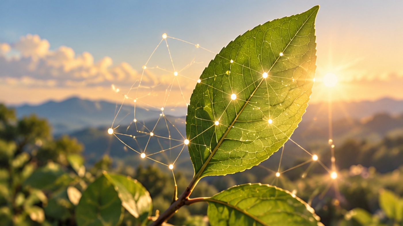 Blatt mit leuchtendem Netzwerk – Sinnbild für KI-Mentoring in Bio-Unternehmen
